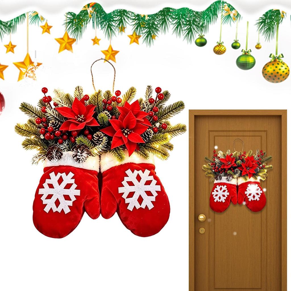 Twinkling Christmas Gloves Wreath With LED Lights Artificial Berries Pine Needles Christmas Glove Wreath Red Ornaments Decor