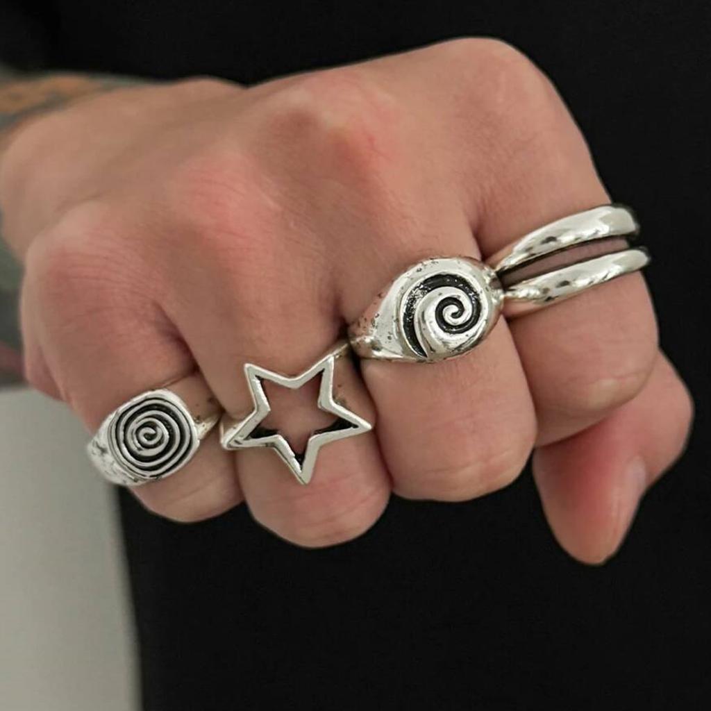 SHIXIN 5 szt./zestaw Vintage Punk Nieregularny Pusty Gwiazda Spirala Metalowy Otwarty Pierścionek Kobiety Goth Regulowany Pierścionek dla Pary Srebrny Kolor Biżuteria