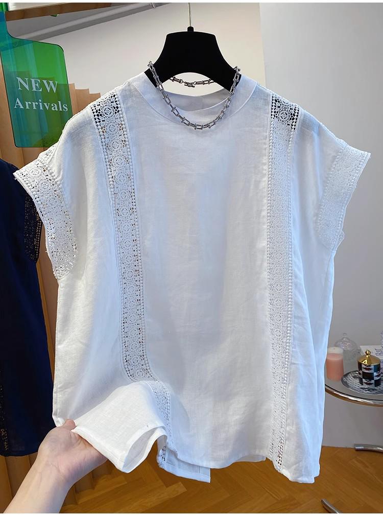 Women's White Lace Cotton Top - 2025 Summer Flutter Sleeve Patchwork Design