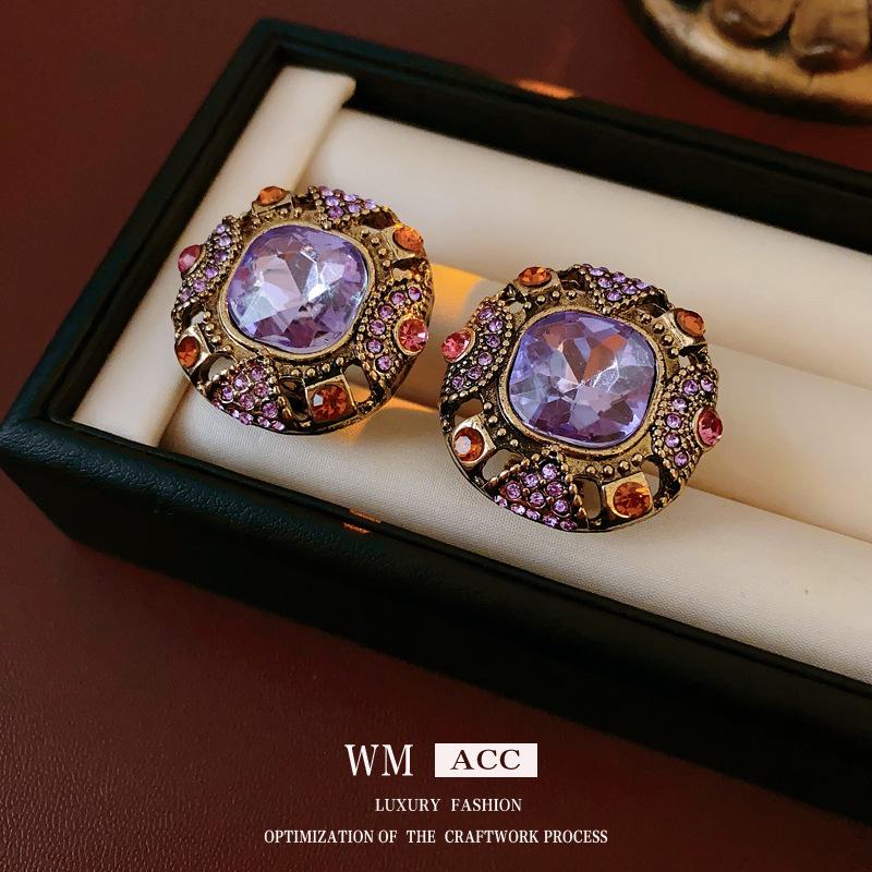 Vintage Silver Needle Diamond-Encrusted Square Earrings - Retro Court Style Luxury Ear Clips