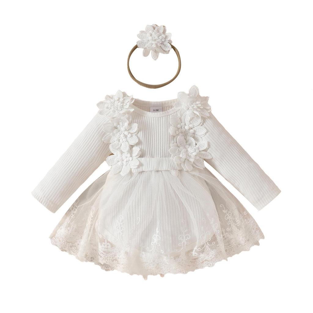 Sweet Floral Long Sleeve Baby Girl Romper Dress with Mesh Skirt
