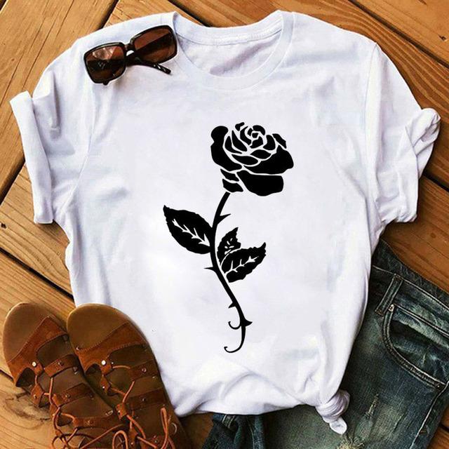 Fashion Women T Shirt Red Rose Flower Printed T-Shirt Harajuku Short Sleeve Tops Female Ladies Cute Graphic Tee Shirts T-Shirt