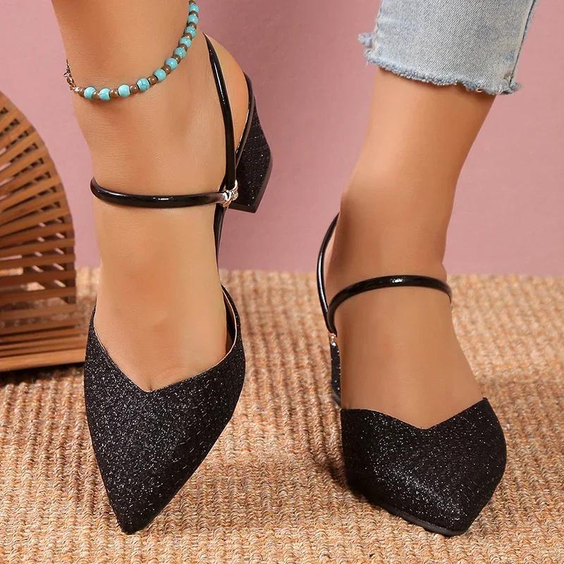 

Модные золотые серебристые блестящие туфли-лодочки на высоком каблуке, женские модные туфли на ремешке сзади, слипоны для вечеринки, женские туфли-слингбэки с острым носком, туфли на толстом каблуке 35 чёрный