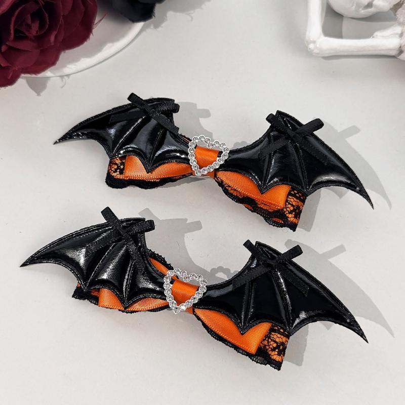 Dark Holiday Hair Barrettes, 1 Pair Halloween Winged Ribbon Design With Heart Detail and Lace Trim for Party Looks
