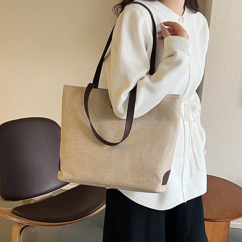 Cotton Linen Casual Tote Bag Large Capacity Handheld Bucket Style For Daily Use