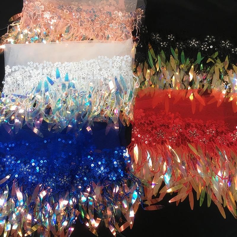1 Yard Sequins Lace Sewing Garments Accessories DIY Fringe Mesh Tassel Embroidered Ribbon Sewing Craft for Dance Party
