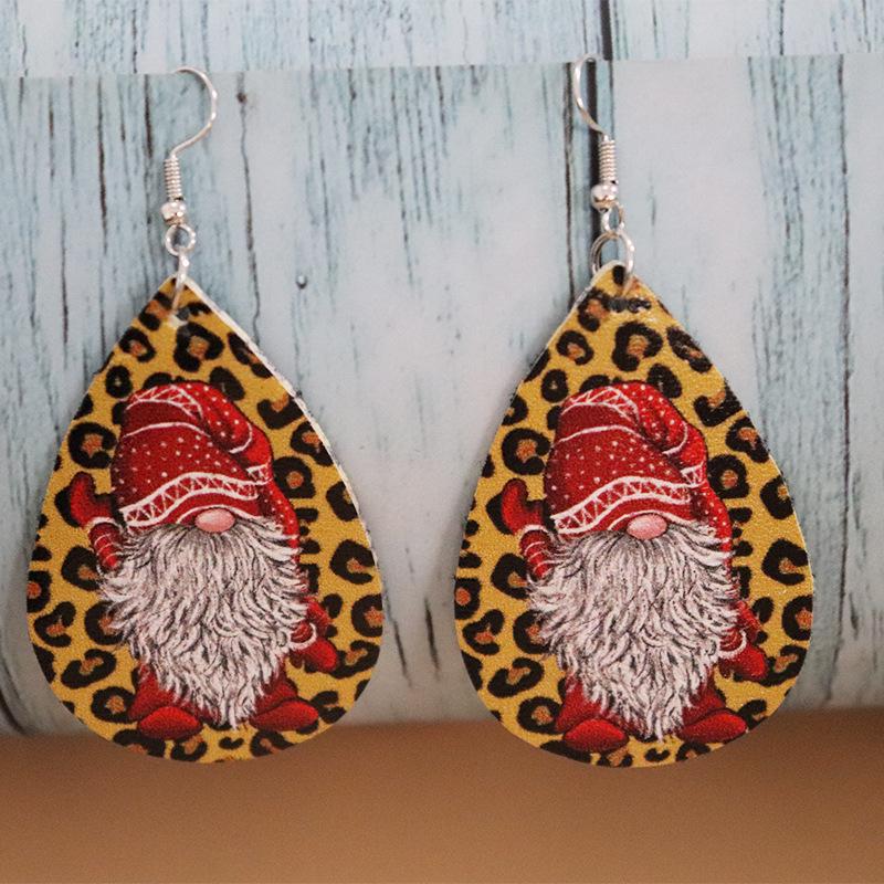 New European & American Christmas Series Santa Claus Leopard Print Double-Sided PU Leather Earrings