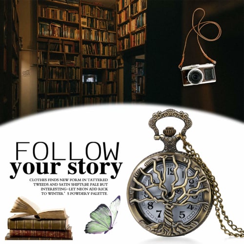JewelryWe Pocket Watch Pendant with Tree of Life Skeleton, Retro Antique Style Analog Pocket Watch Necklace, Waterproof, for Men and Women, Perfect Fo