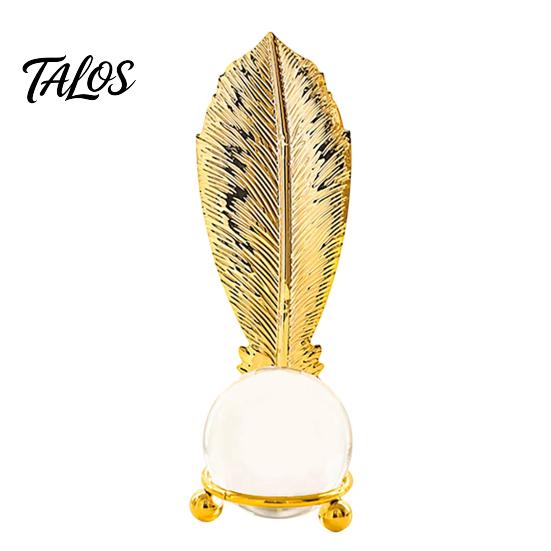 Light Refraction Ornament Faux Crystal Ball with Gold Leaf Stand, Metal Statue Clear Sphere Transparent Decorative for Office, Bedroom, Entryway,