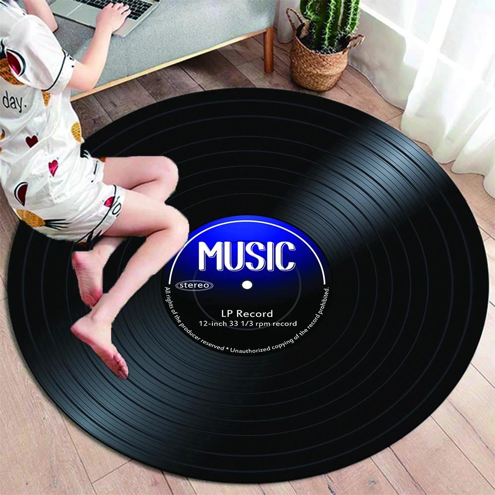 Runder Teppich mit klassischer Musik-Schallplatte, Teppiche für die Dekoration von Wohnzimmerstühlen, weiche, rutschfeste Bodenmatte zum Spielen für Kinder