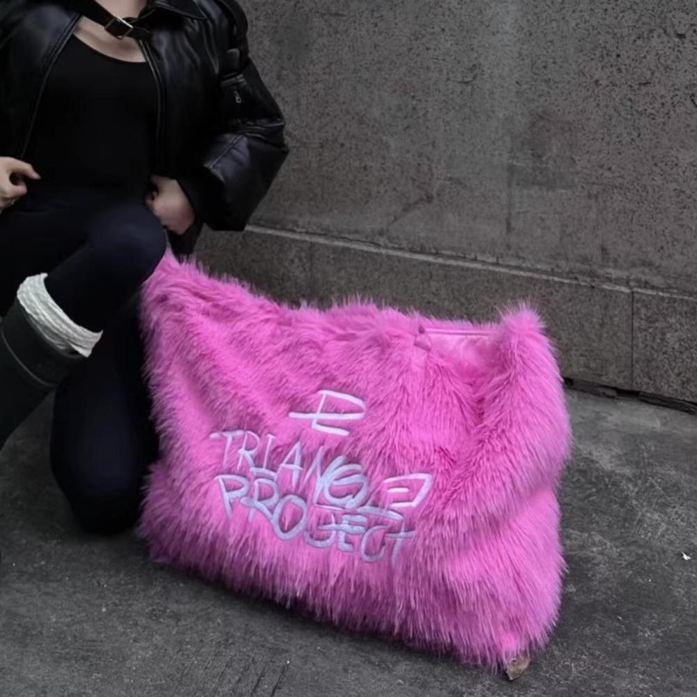 2025 autumn European and American fashion hand bag portable shoulder tote bag pink embroidered plush hand bag