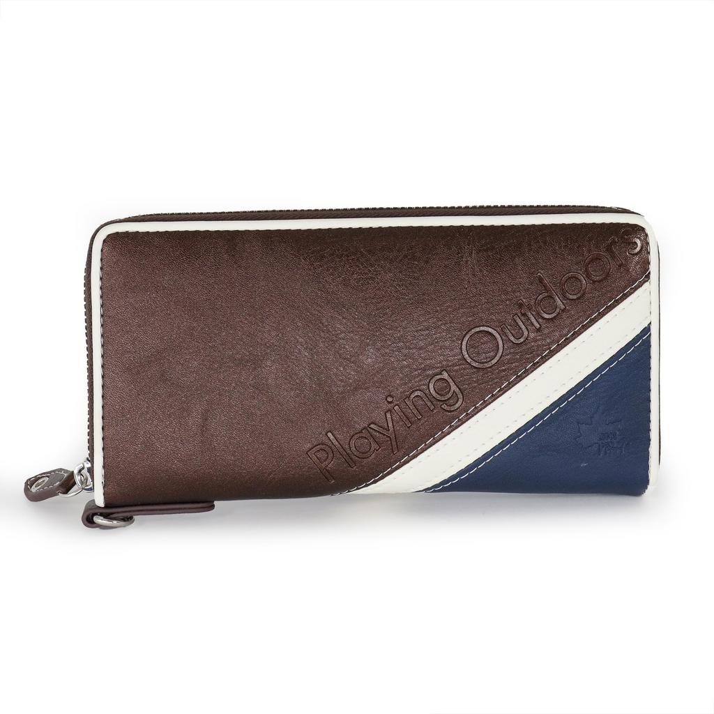 Logo Spark Men's Long Wallet with Round Zipper, Outdoor Style, Two-Tone Design, Chocolate, for Boys and Kids