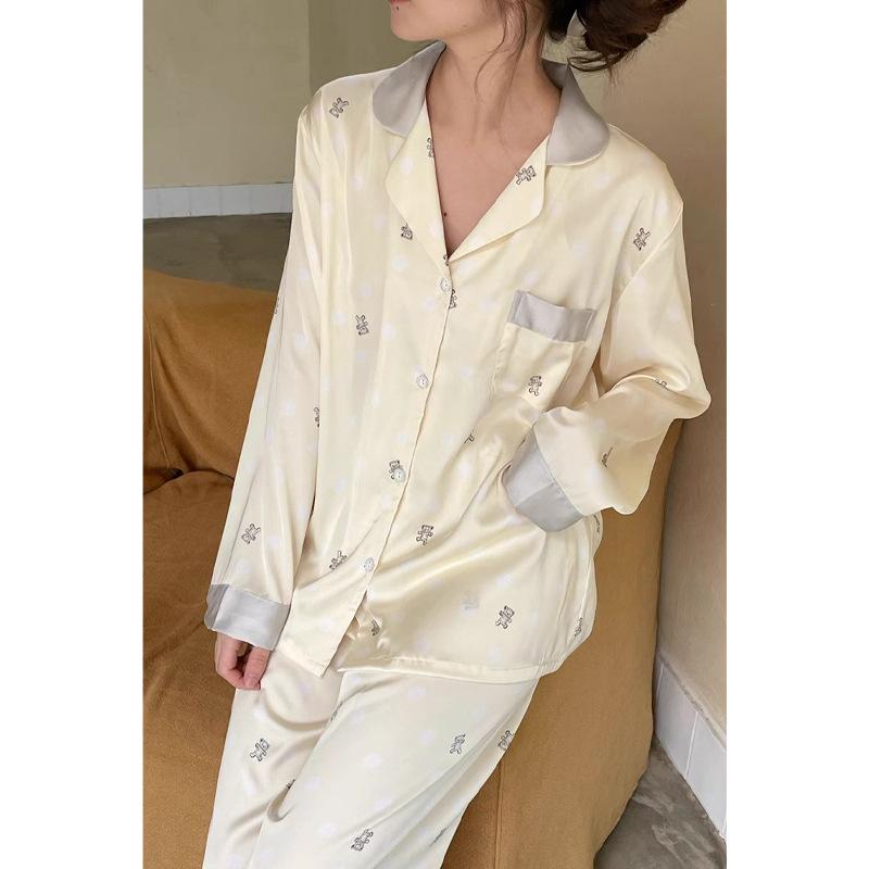 Spring High-End Bear Print Pajamas Women'S Cardigan Ice Silk Trousers Loungewear Two-Piece Set