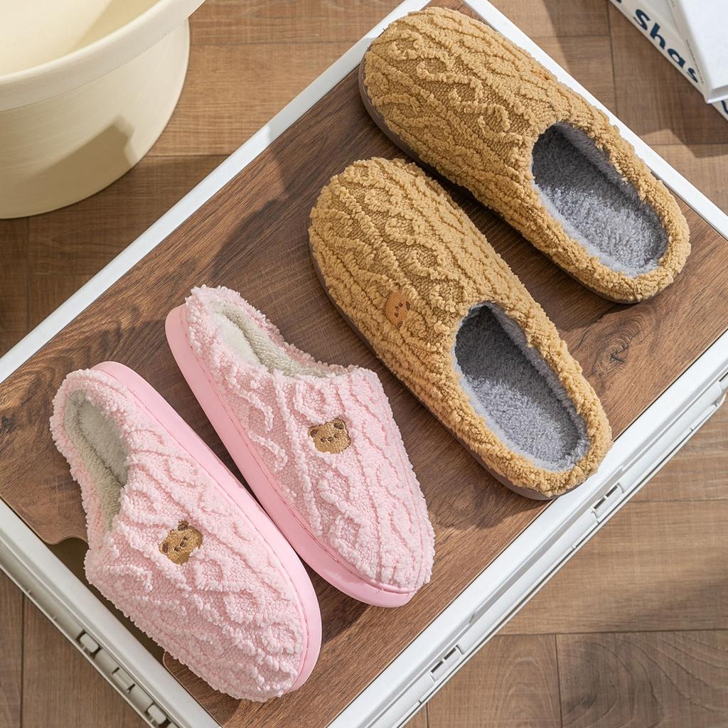 Bear Head Cotton Slippers for Women In Autumn and Winter, Indoor Plush Cute Thick Soled Warm Fur Slippers