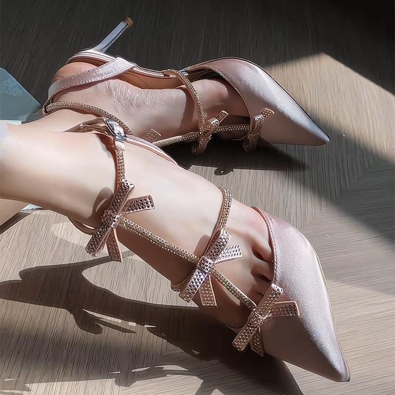 Fashion Fairy-Style Silk Satin Rhinestone Bow Tie Toe Sandals, Pointed Toe Stiletto High Heels, Women'S Shoes