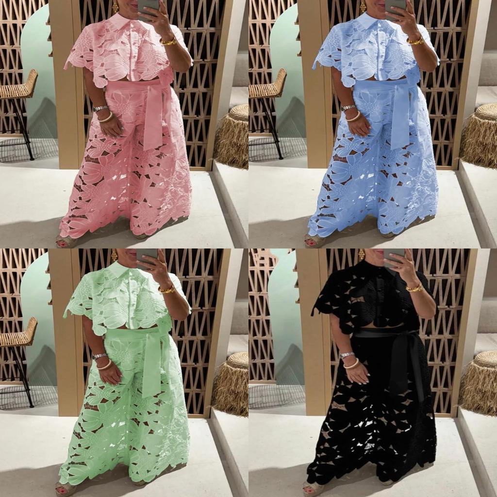 Summer Womens Casual Set With Hollow Out Overlay And Long Pants For Beach And Leisure