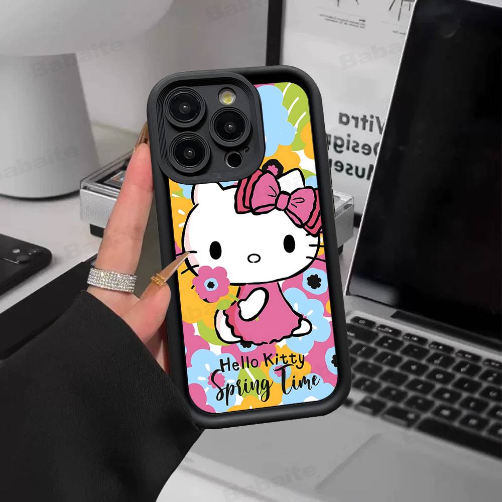 H-Hello Kitty Silicone Soft Phone Case For IPhone 17 16 15 14 Plus 13 12 Mini 11 Black Cover