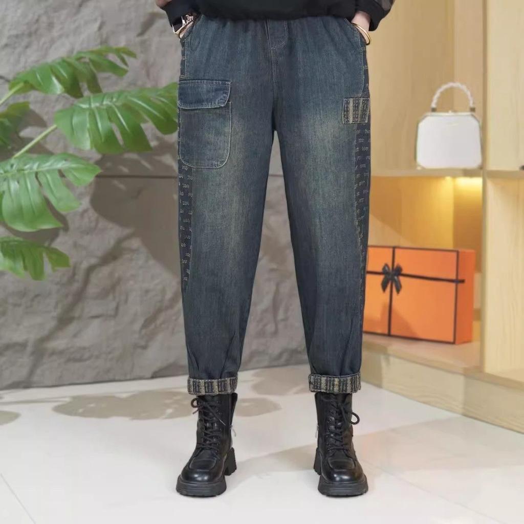 Damen Jeans im Vintage-Stil, Mode-Taschen-Denimhose, Herbst, Freizeit-Haremjeans für Damen