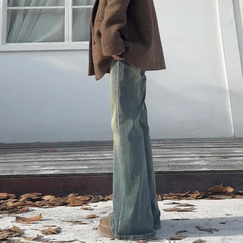 New American high-waisted velvet slightly pulled jeans, autumn and winter retro large-size fat mm floor-mopping flared pants