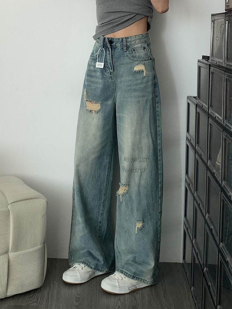 Fashionable Comfortable Jeans Women Broken Hole Smaller Straight Large Yard High Waist Drag Floor Wide Leg Long Pants Jeans for Women Long Denim Pants