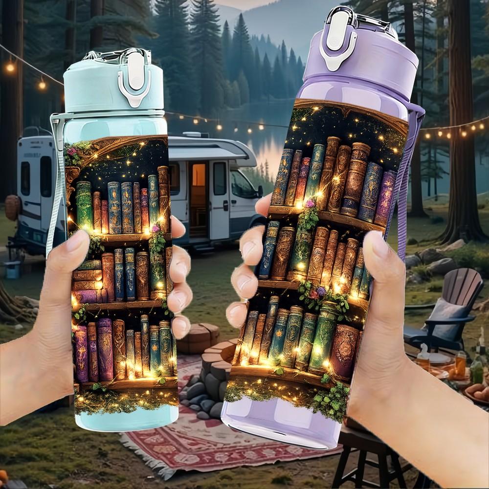 1PC Vintage Old Books Library Shelf Print 750ml Color Plastic Sports Water Bottle Leakproof Flip Straw Lid Suitable for Sports Office Home Use