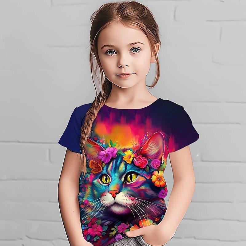 Cartoon Cat 3D Printed Girls' Short Sleeved T-shirt Sweet and Cute Summer Round Neck Children's Top T-Shirts Girls