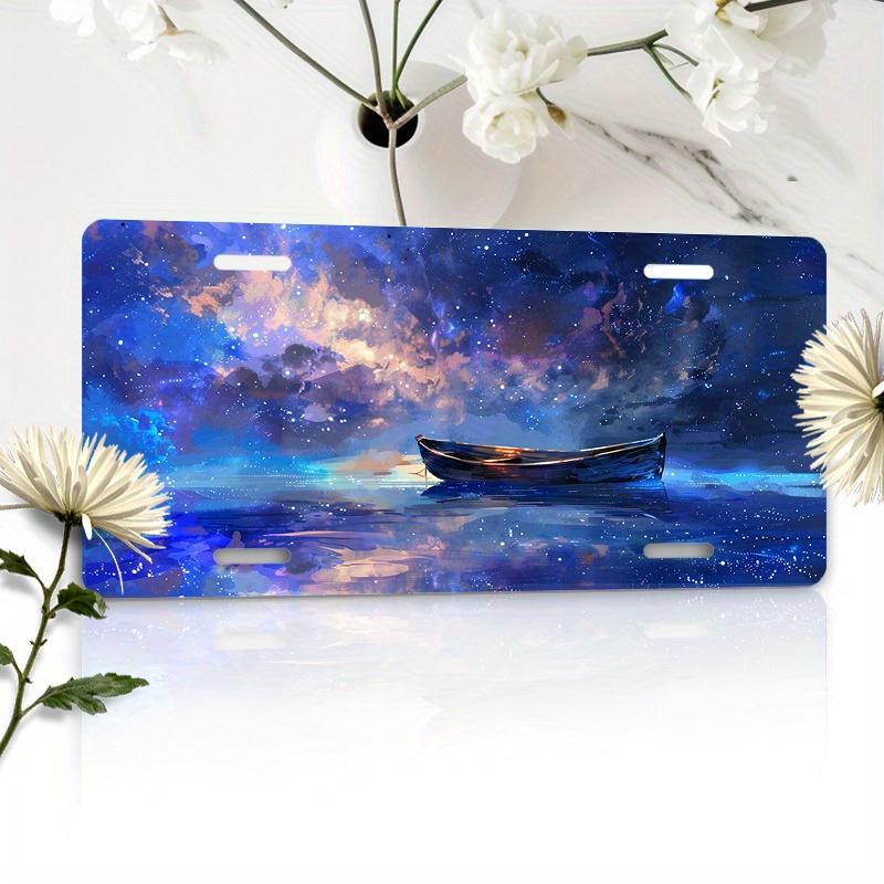 

D Flat Printing Dreamy Galaxy Night Sky with Rowboat on Water Aluminum Tin Painting License Plate Shape Fantasy Seascape Cos 15x30cm(5.9x7.8inch)