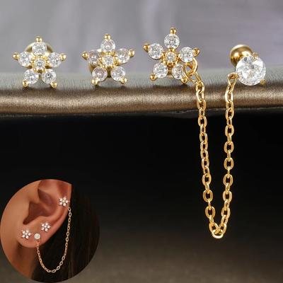 3PCS Fashion Stainless Steel Zircon Flower Stud Earrings Set for Women Double Hole Chain Helix Tragus Cartilage Piercing Jewelry