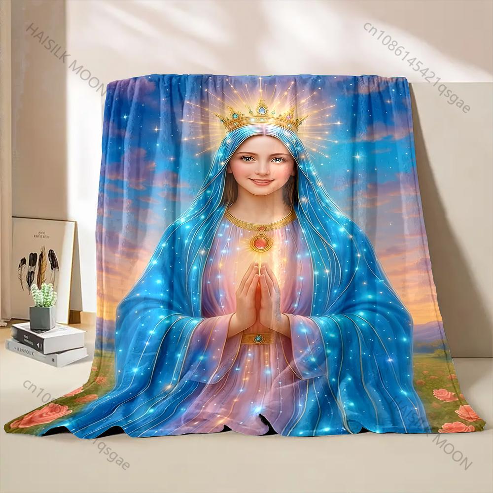1PC Blue Crowned Our Lady Prayer Print Blanket Warm Soft Fluffy Kids and Adult Sofa Bed Throw Blanket Outdoor Travel Camping RV