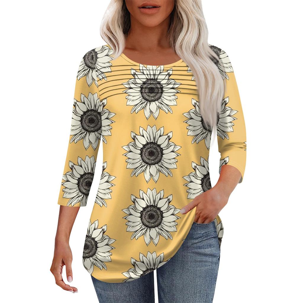 Women's Fashion Round Neck Pleated Front Placket Solid Color 3/4 Sleeve Top