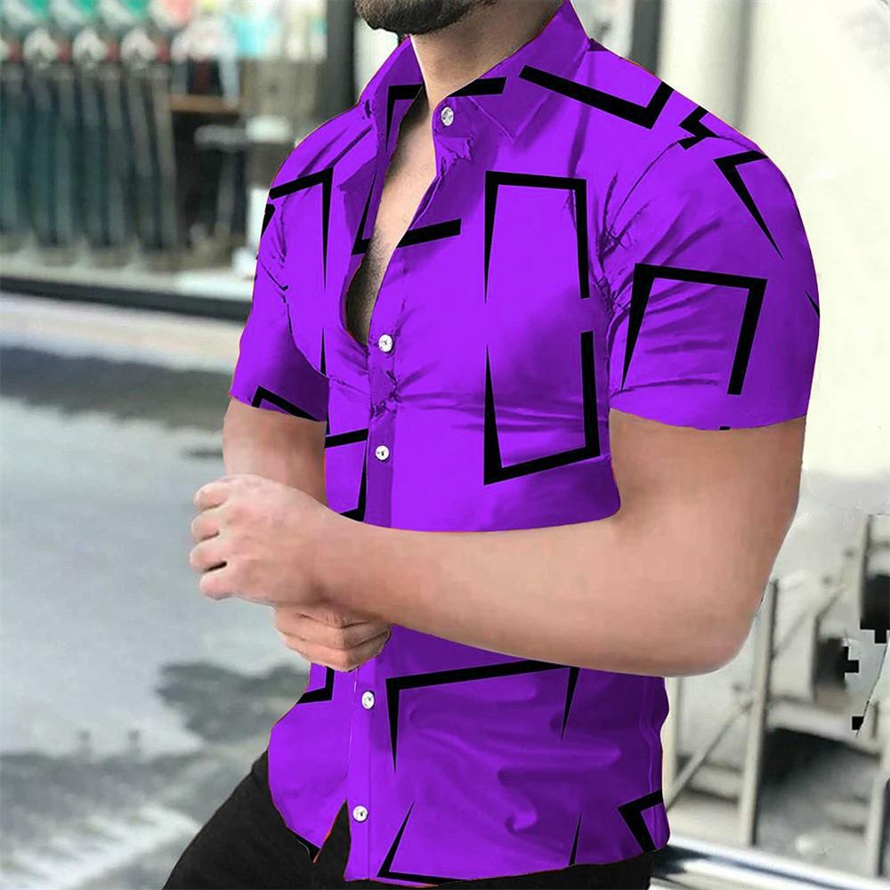 Men's Geometric Line Printed Shirt, Summer Casual Fashion, Lapel Button,Comfortable Fabric, Short Sleeve Shirt, 2024