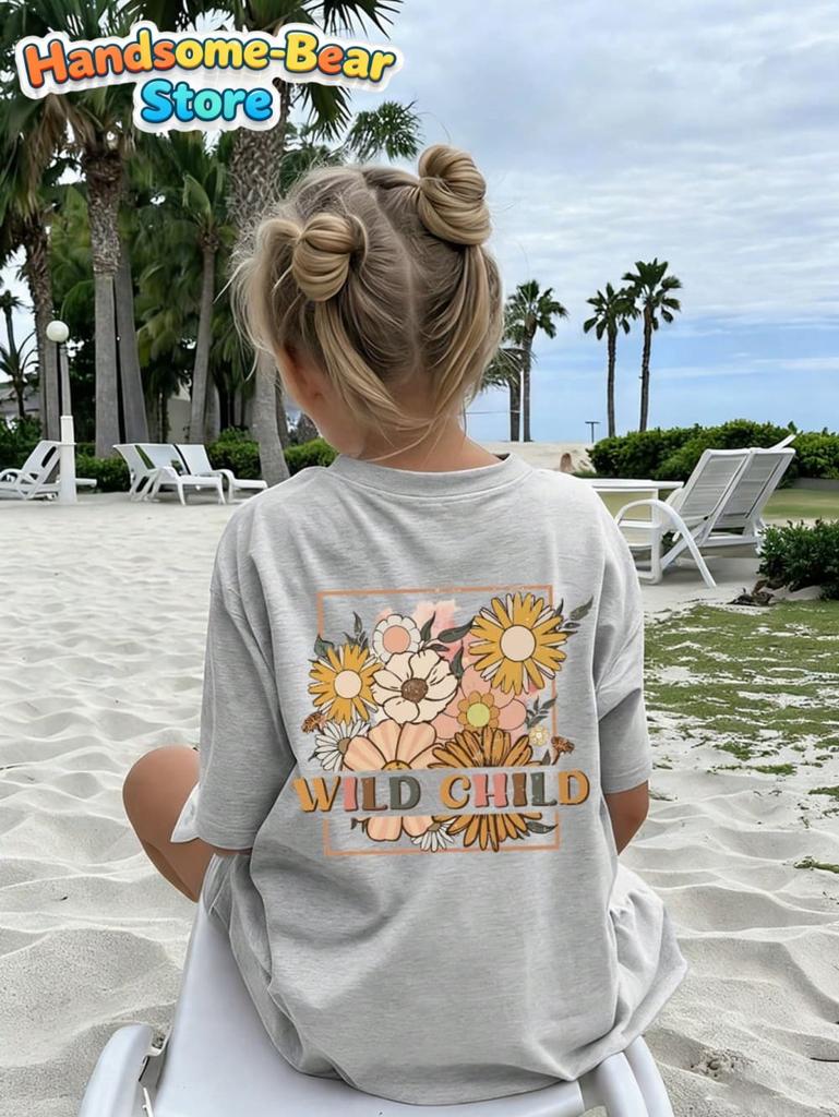 Boho Wildflower Happiness Blooms from Within Girls T-Shirt Summer Kids Short Sleeve Streetwear Casual Round Neck Girls Clothes