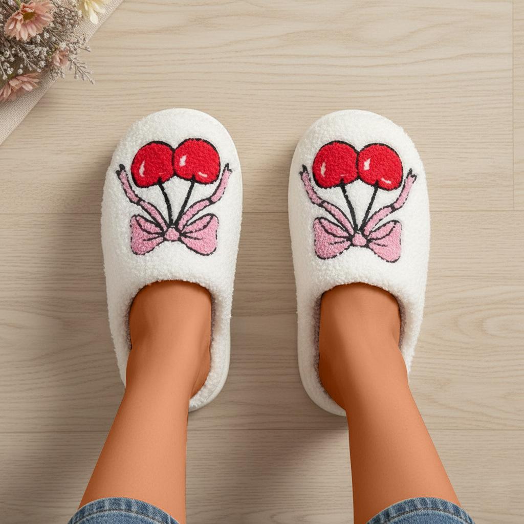 Women Warm Winter Shoes Non-slip Cute and Warm Cherry Slippers