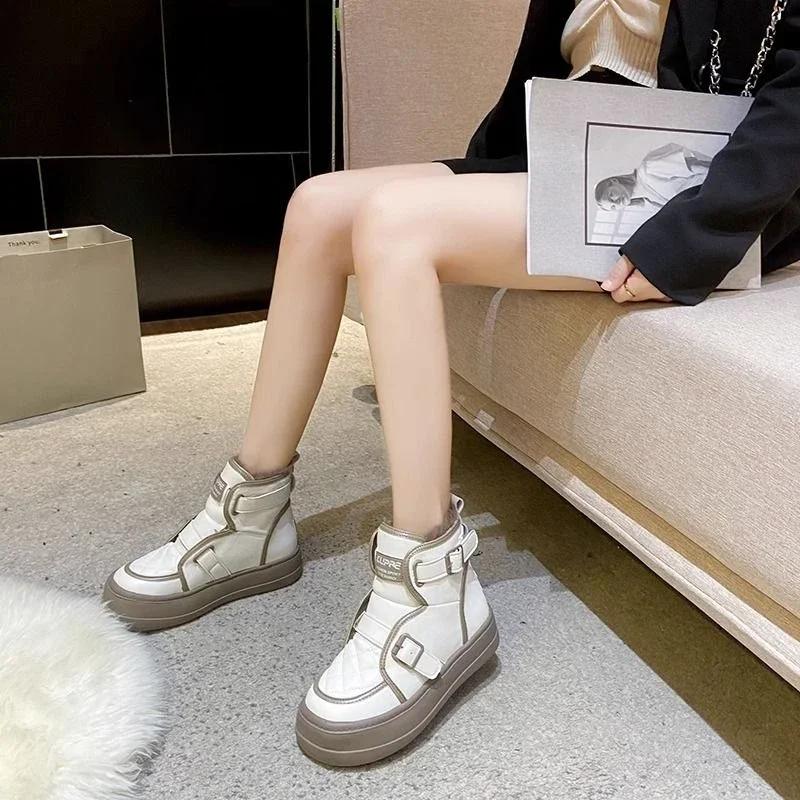 Fashion Shoes for Women Sports Platform Black Chunky Womens Snow Boots Round Toe White Leather Sneakers Comfrtable Winter Footwear 2024