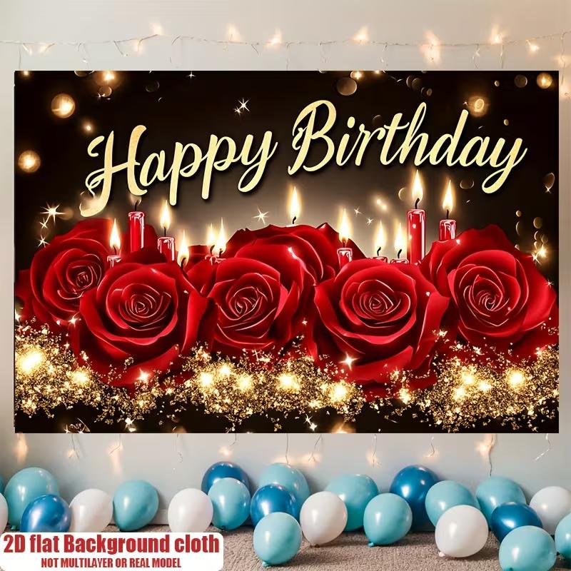 2D Rote Rose Kerze Geburtstag Hintergrund Banner Gold Glitzer Romantische Party Deko Hintergrund