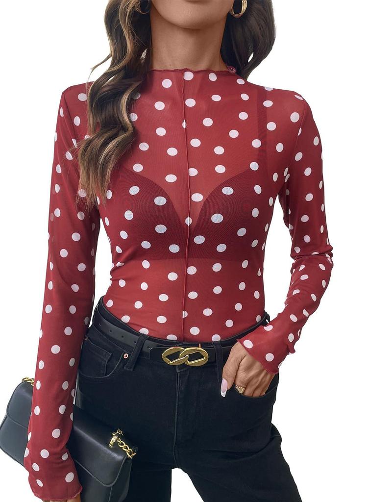 Women Sheer Polka Dot Mesh Half High Neck Long Sleeve Sexy T Shirt Top