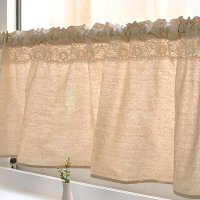 Bavlněný lněný krátký závěs, rustikální zatemňovací poloviční závěs do kuchyňské linky, háčkovaná krajková záclona, ​​úprava oken v ložnici