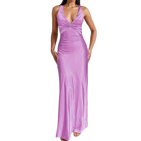 Women s Satin Maxi Prom Dress, V Neck Formal Wedding Guest Cocktail Dress, Sleeveless Twist Front Evening Party Gown S фиолетовый