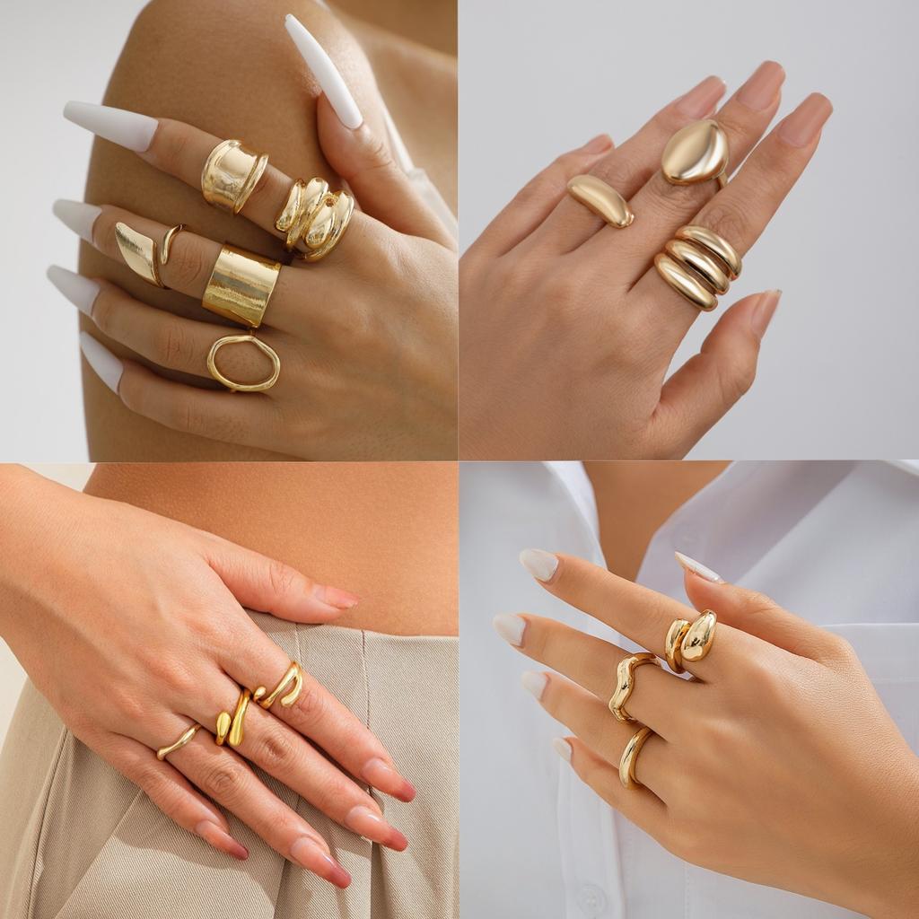 14 Stück Übertriebene Mode Unregelmäßige Glatte Gebogene Ringe Gold Tägliche Kleidung Party Accessoires