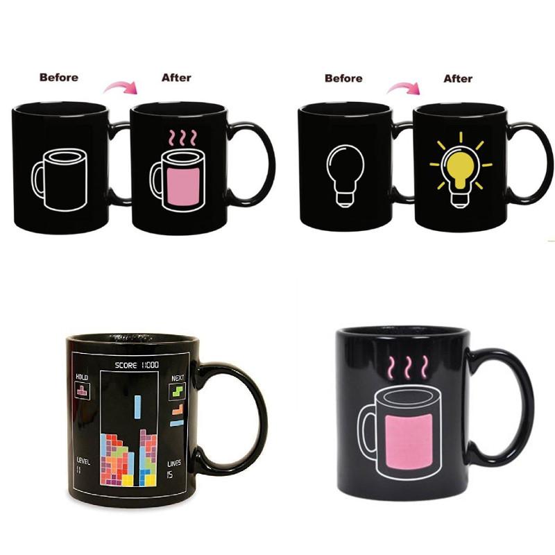 Farbwechselnde Keramiktasse mit Glühbirnen-, Tetris- und Batteriemuster zum Verschenken und für Werbezwecke