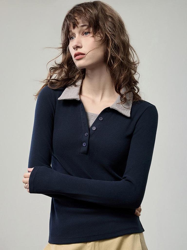 Damen Colorblock Henley Polo Langarm Slim Fit T-Shirt (Herbst 2025 Kollektion)