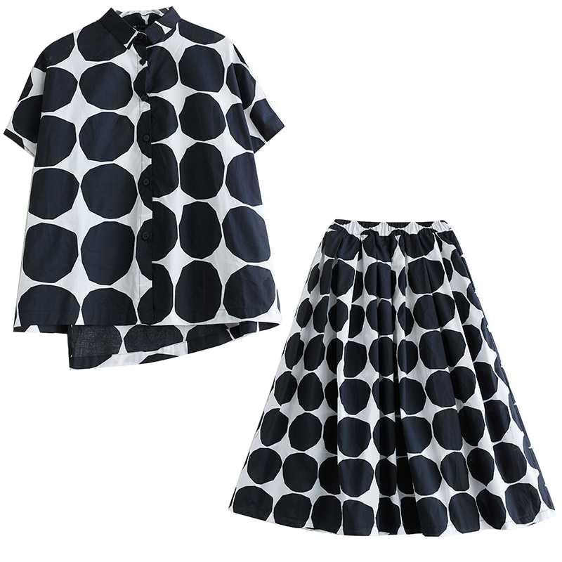 Polka Dot Print Summer Casual Two Piece Set Short Sleeve Loose Blouse Women Shirt Top Fashion Clothing Long Skirts Suit 2025