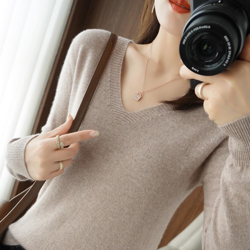 Cashmere Women's V-neck Pullover Lace Neck Hollow Out Design Casual Knitted Long Sleeve Women's Sweater Autumn And Winter
