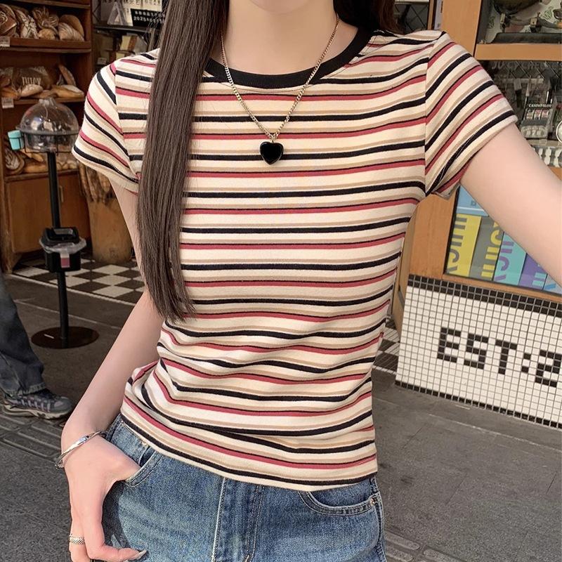 2026 Summer New Style Contrast Color Striped Short Sleeve T-Shirt for Women, Slim Fit and Versatile Top