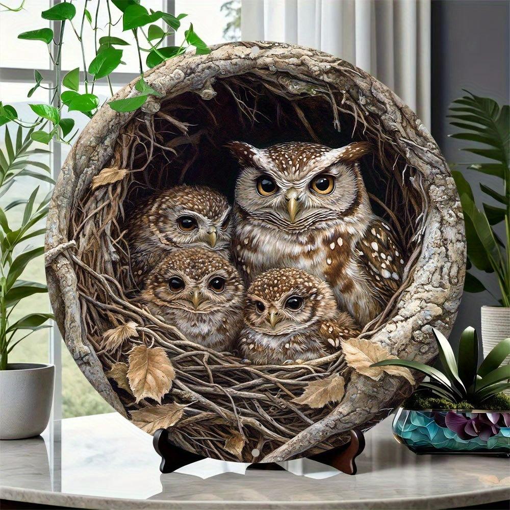 2DFlat 8in Vintage Animal Circular Welcome Sign Cat Owl Turtle Home Tree Decora Item Animal Enthusiast Background Wall Accessory 20x20cm