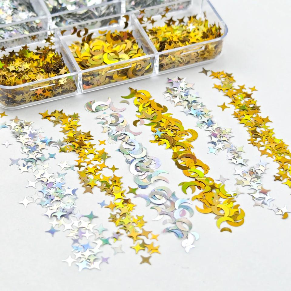 6-Grid Pack: Mixed Gold & Silver Star, Moon Glitter Eye Makeup Stickers for DIY Resin