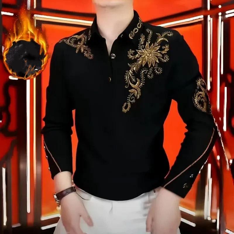 

Men s Long Sleeve Polo Shirt Gold Print Fleece Lined Warm Casual Button Collar Fashion Top M