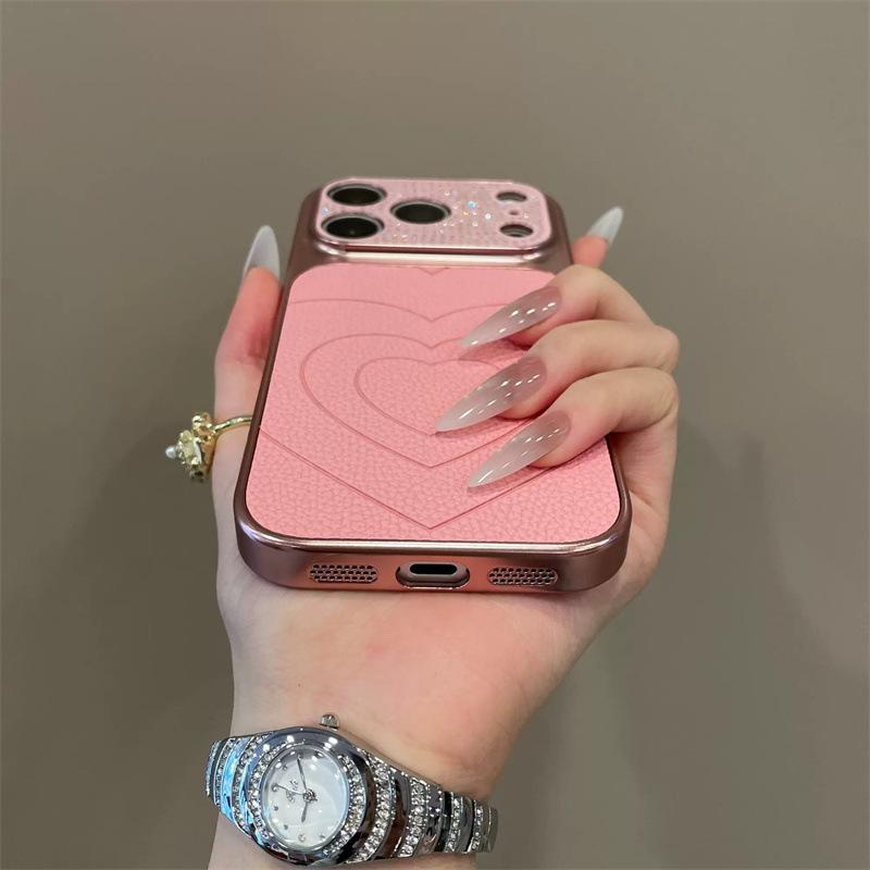 Rhinestone Heart Leather Texture Drop-Proof Phone Case for iPhone 15Pro, 16Pro, 17Pro