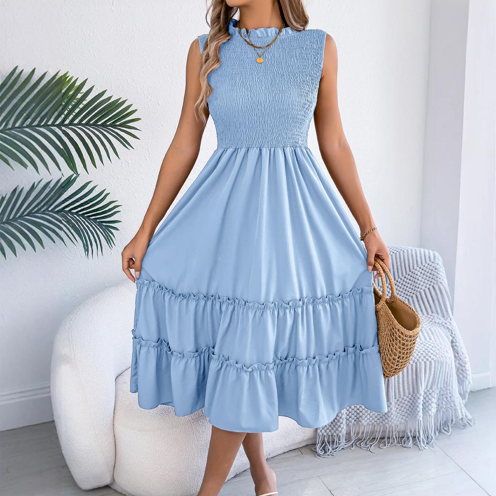 Women's Fashionable Color Round Neck Casual Sleeveless Dress With A Gathered Waist And Black Fungus Edge