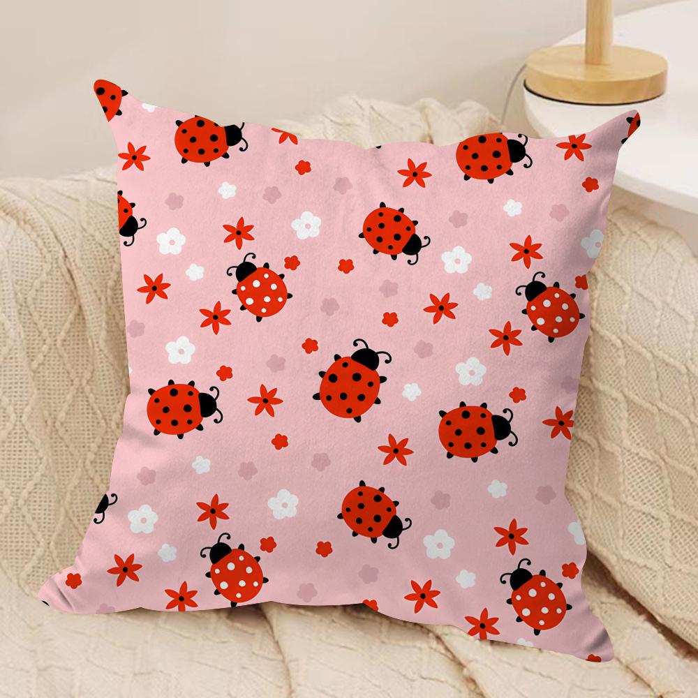 Cute Ladybug Wildflower Pattern Cushion Cover Silky Short Plush Invisible Zipper Dustproof Sofa Pillow Case for Home Decor